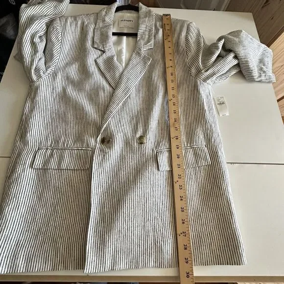NWT Old Navy Linen Blend Blazer Jacket Large Striped Double Breasted Black White - Picture 8 of 13